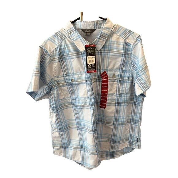 Eddie Bauer Adventure Shirt Women XL Short Sleeve Blue White Plaid New Pockets - Picture 1 of 9